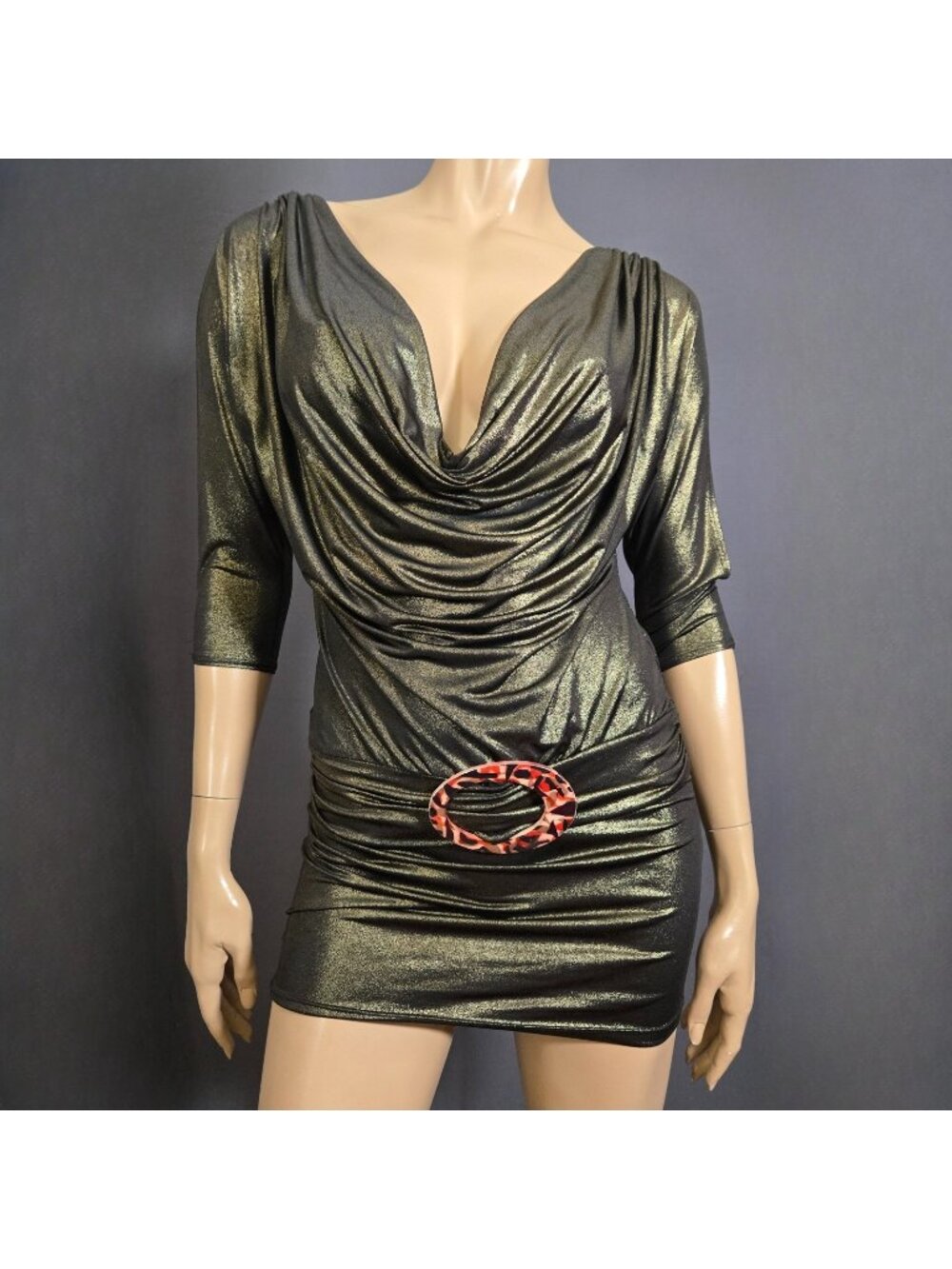 Vintage Y2K Micro Mini Club Dress Black Gold Glitter Oval Belt Buckle Size S